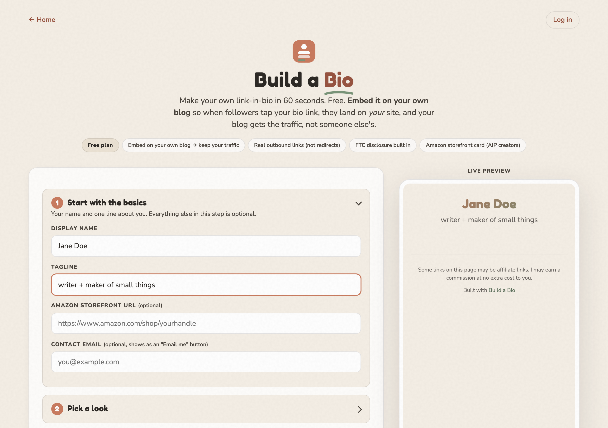 The Build a Bio builder with the basics step open, a name and tagline filled in, and the live preview updating on the right