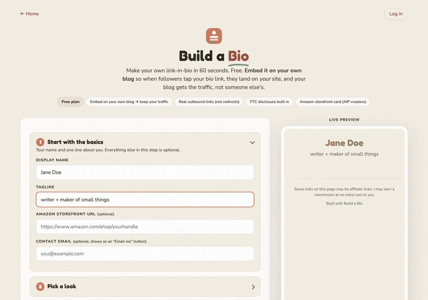 The Build a Bio builder with the basics step open, a name and tagline filled in, and the live preview updating on the right