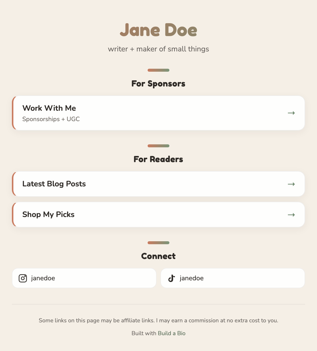 A published Build a Bio page with a name, tagline, link sections, and social buttons on the warm theme
