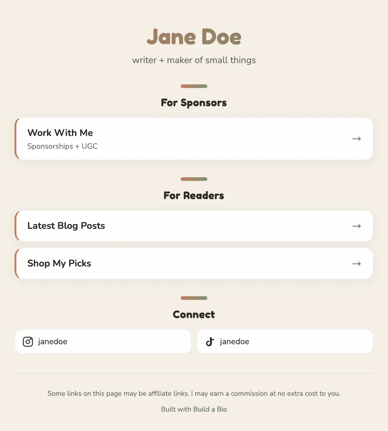 A published Build a Bio page with a name, tagline, link sections, and social buttons on the warm theme