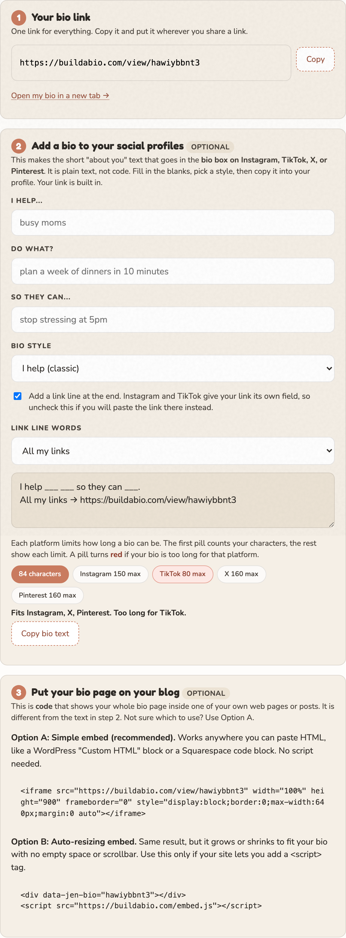 The share and embed section showing a bio link, a copy-paste social bio generator, and the embed code