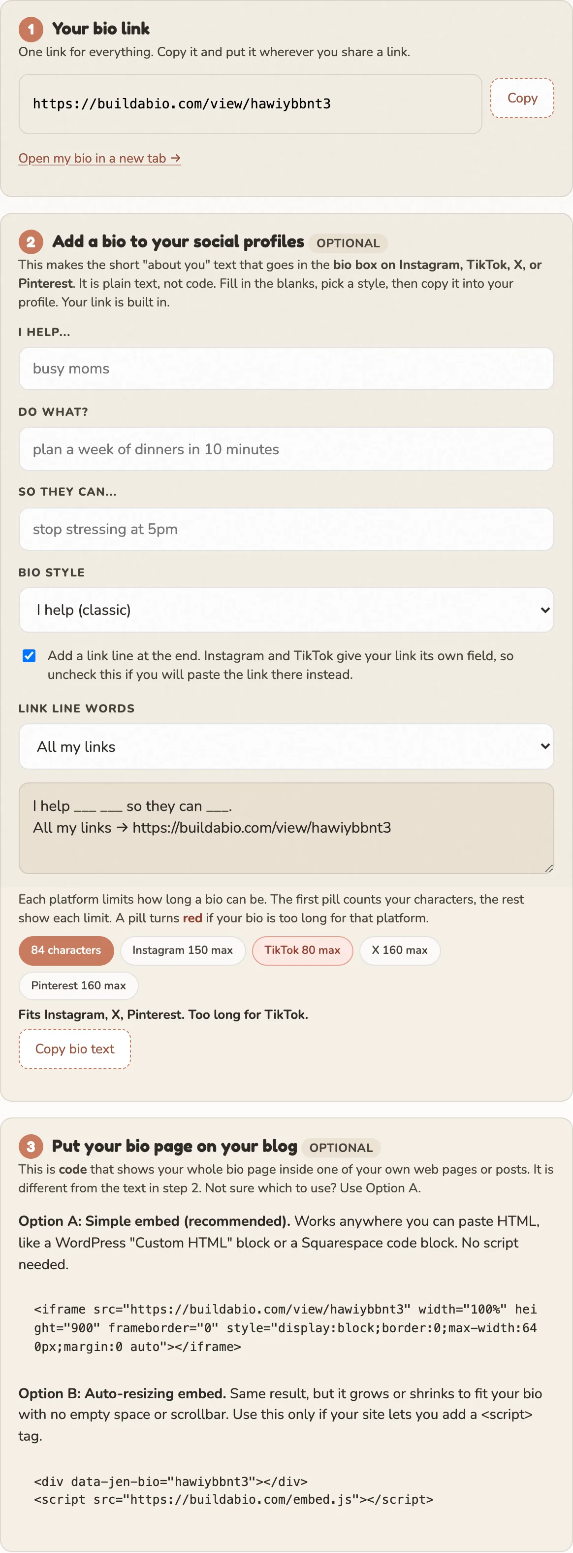 The share and embed section showing a bio link, a copy-paste social bio generator, and the embed code
